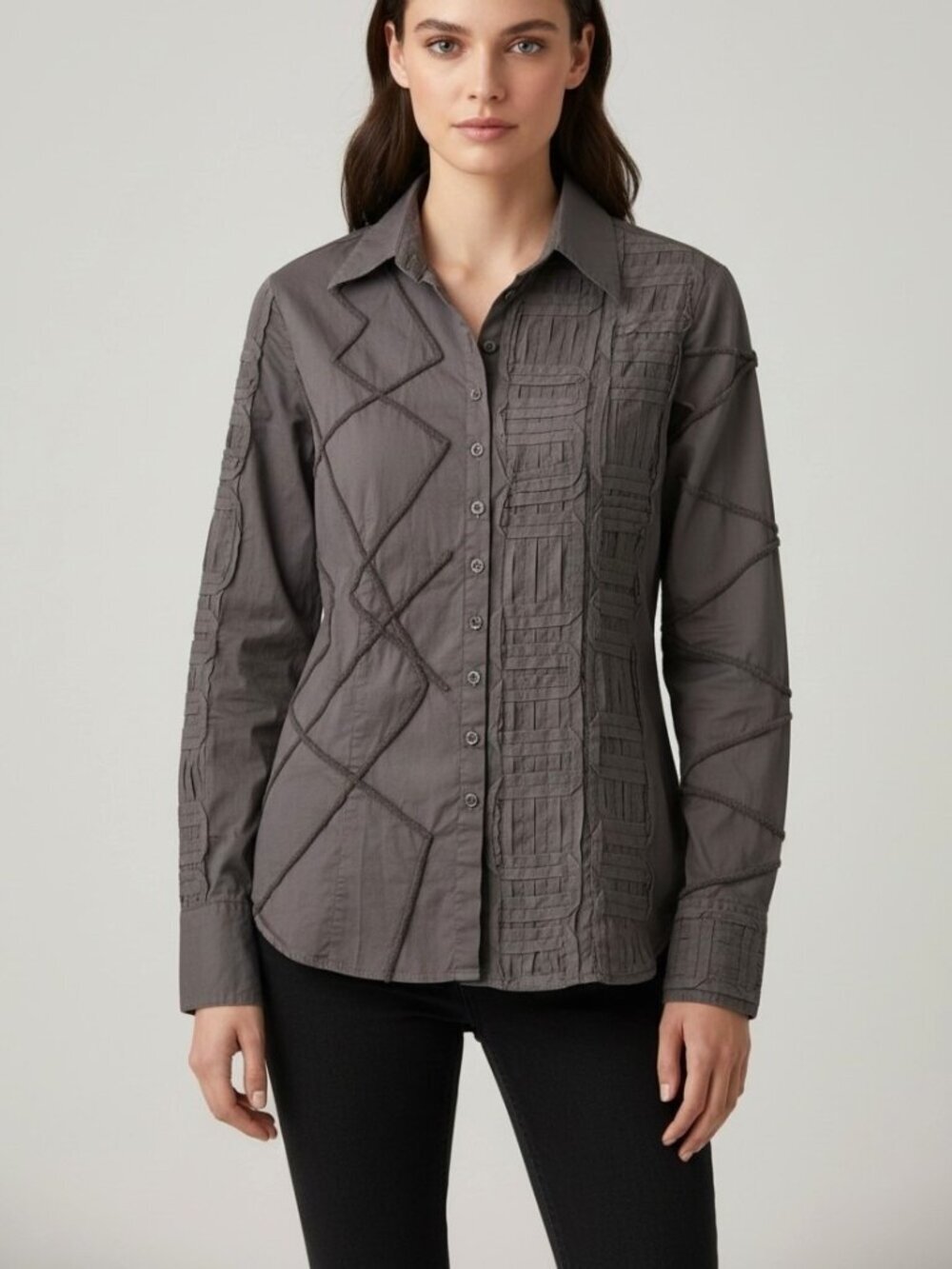 Isabel de Pedro Textured Cotton Blend Button Front Shirt Brown Art-to-Wear 8